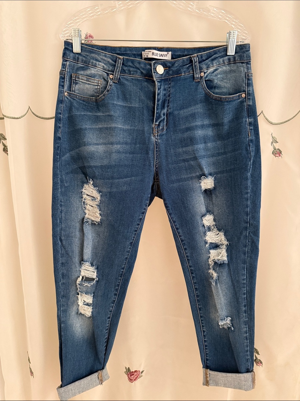 Blue Savvy Ripped Boyfriend Jeans — Medium Blue